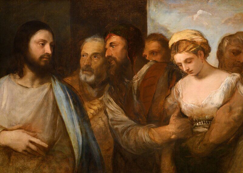 The Pharisees bring to Jesus the woman caught in adultery, and Jesus shows compassion to her by not condemning her but freeing her from guilt.