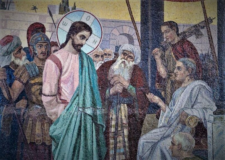 Pontius Pilate questions Jesus: "What is truth?" Jesus explains that his kingdom is one of truth.