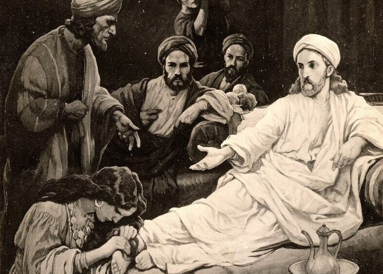 The sinful woman anoints Jesus feet with perfume while Jesus reproves the Pharisee for judging her.