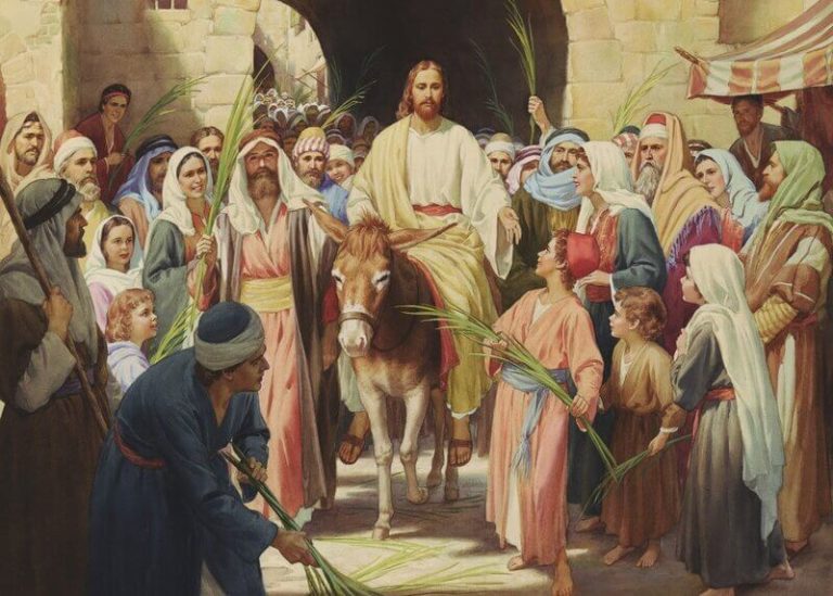 Jesus presents himself as Messiah in his triumphal entry into Jerusalem on a donkey with the people and children praising him.