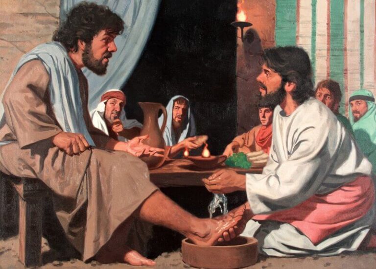Peter allows Jesus to wash his feet after he first refuses. The other disciples look on.
