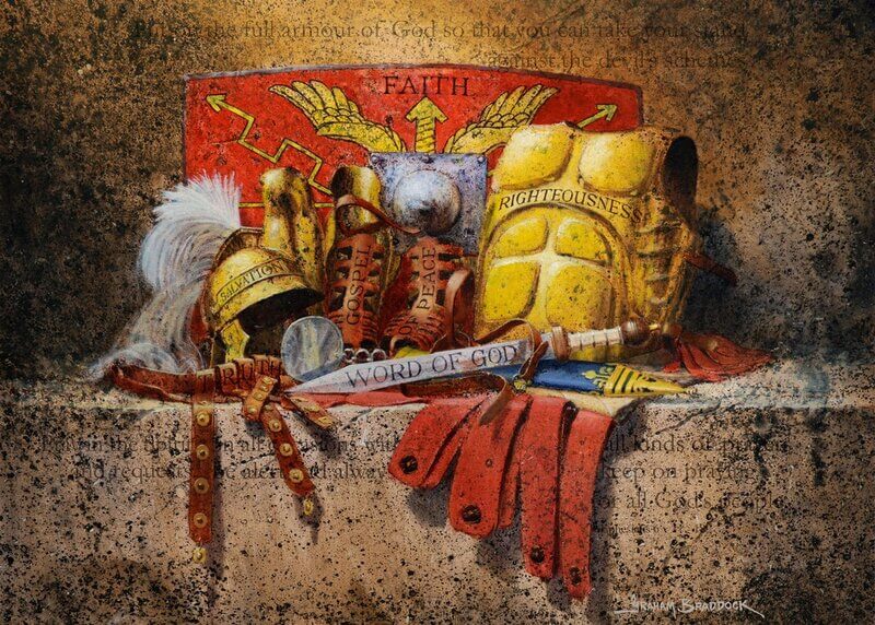 Various pieces of battle armor resting on a shelf: sword, breastplate, helmet, shield, and sandals, representing the armor of God