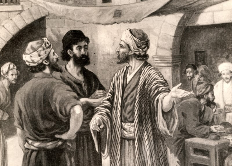 Landowner talking to men to get them to work in his vineyard