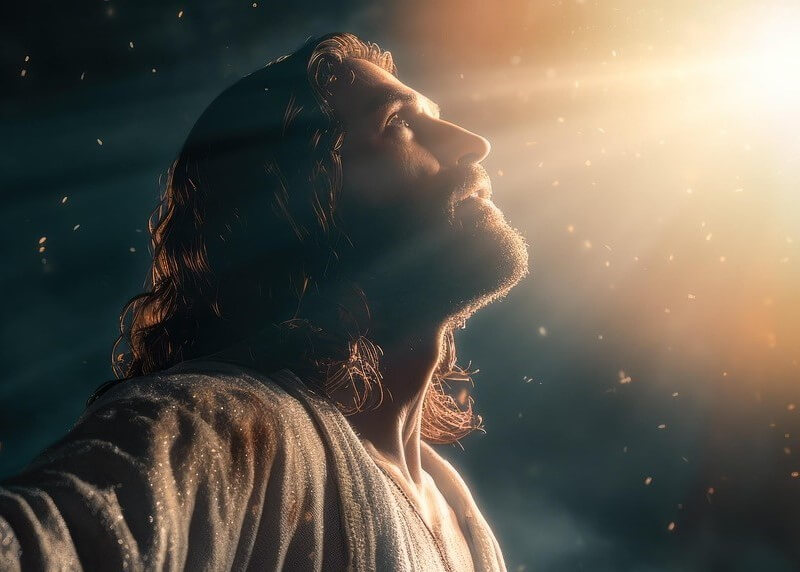 Glowing light shining on the face of Jesus as he looks up to the Father, representing the image of God shining through the face of Christ