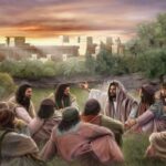 Jesus teaching his disciples about Christ's return on the Mount of Olives with the temple in the background
