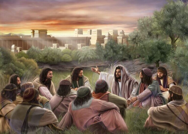Jesus teaching his disciples about Christ's return on the Mount of Olives with the temple in the background