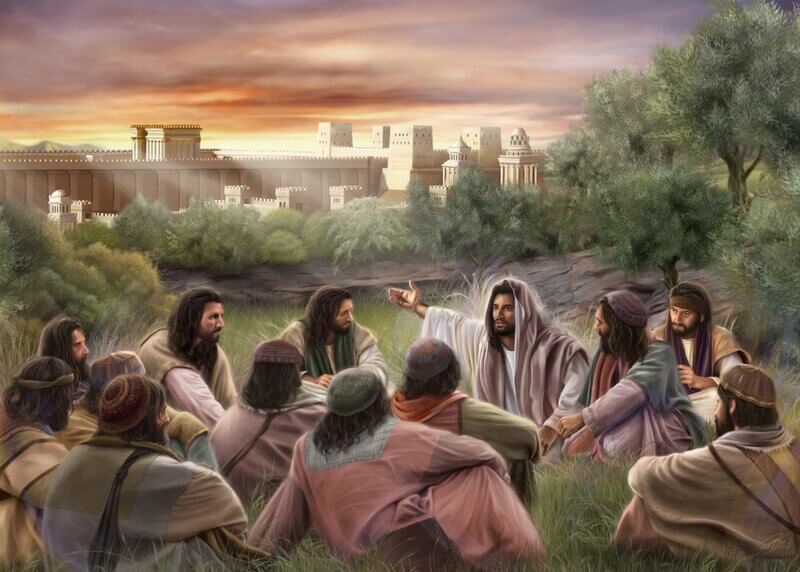 Jesus teaching his disciples about Christ's return on the Mount of Olives with the temple in the background
